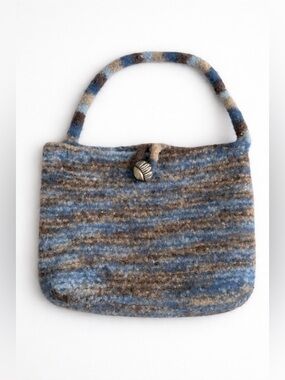 Vintage Boho Felted Wool Blue Brown Striped Mini Handbag